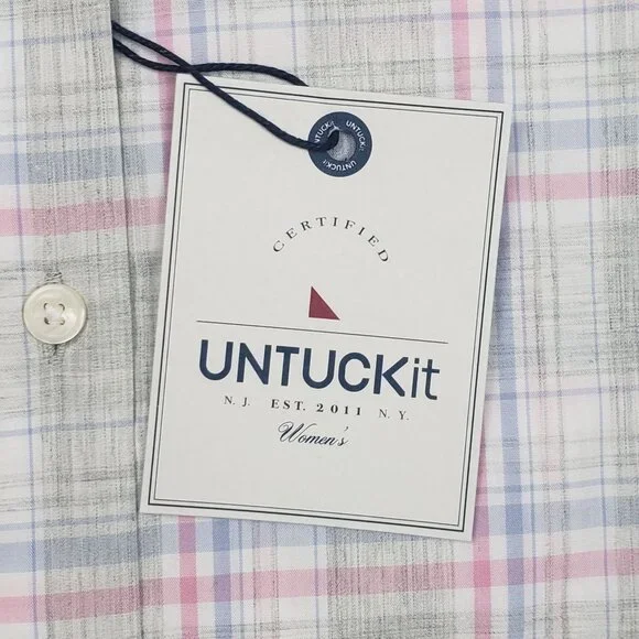 UNTUCKit Chasseles Cotton LS Shirt Lt Blue Green Pink Plaid Womens 0 Regular Fit - Picture 7 of 16